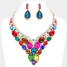 Oval Glass Stone Cluster Embellished Evening Necklace