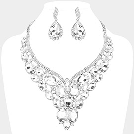 Oval Glass Stone Cluster Embellished Evening Necklace