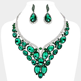 Oval Glass Stone Cluster Embellished Evening Necklace