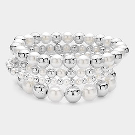 4PCS - Pearl Metal Beaded Stretch Multi Layered Bracelets