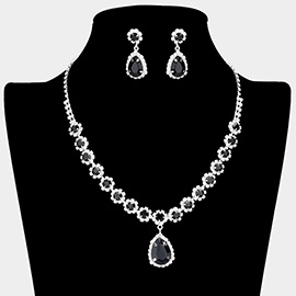 Teardrop Stone Pointed Flower Rhinestone Paved Necklace