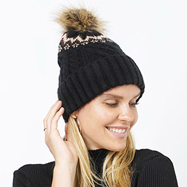 Ethnic Knit Beanie with Pom Pom