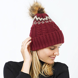 Ethnic Knit Beanie with Pom Pom