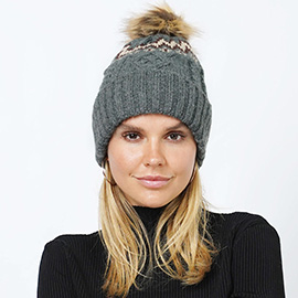 Ethnic Knit Beanie with Pom Pom