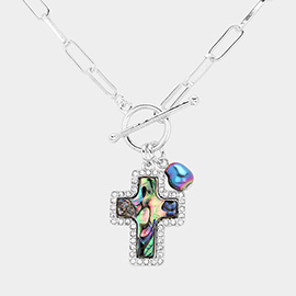 Abalone Cross Pendant Paperclip Chain Toggle Necklace