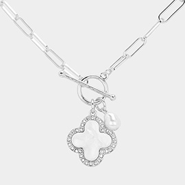 Mother Of Pearl Quatrefoil Pendant Paperclip Chain Toggle Necklace