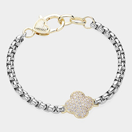 14K Gold Plated Two Tone CZ Stone Paved Quatrefoil Bracelet