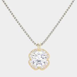 14K Gold Plated CZ Stone Paved Clover Double Halo Pendant Necklace