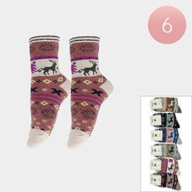 6PAIRS - Wool Blend Warm Crew Reindeer Printed Socks