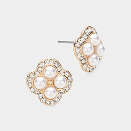 Pearl Stone Embellished Quatrefoil Stud Earrings