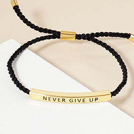 Gold Dipped NEVER GIVE UP Message Bar Pointed Rope Adjustable Cinch Pull Tie Bracelet