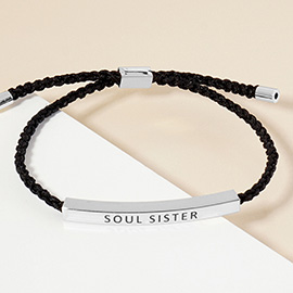 White Gold Dipped SOUL SISTER Message Bar Pointed Rope Adjustable Bracelet