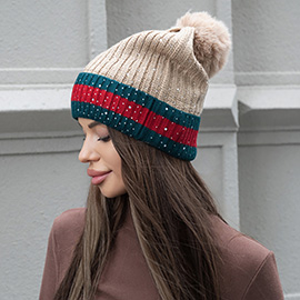 Bling Studded Color Block Pom Pom Beanie Hat