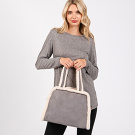 Fleece Trimmed Solid Tote / Crossbody Bag With Adjustable Strap