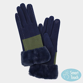 Two Tone And Stitch Lines Faux Fur Cuff Smart Touch Gloves