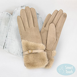 Faux Fur And Strap Cuff Smart Touch Gloves