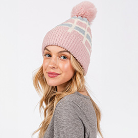 Cozy Color Blocked Pom Pom Beanie Hat