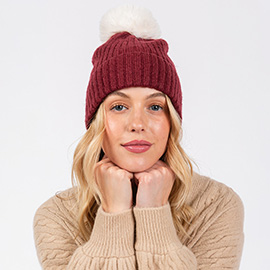 Solid Color Pom Pom Two Tone Beanie Hat