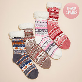 4Pairs - Fuzzy Sherpa Cuff Christmas Pattern Socks