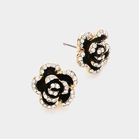 Stone Paved Rim Enamel Rose Stud Earrings