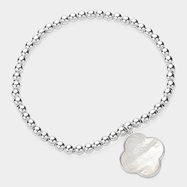 Mother Of Pearl Quatrefoil Charm Pointed Stainless Steel Ball Beaded Stretch Bracelet