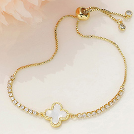 Mother Of Pearl Quatrefoil Pointed Brass Metal Round CZ Stone Adjustable Pull Tie Bracelet