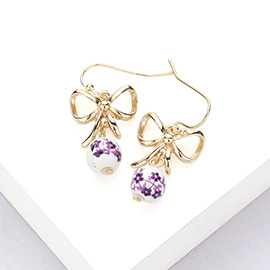 Metal Bow Pointed Floral Pattern Ceramic Ball Dangle Earrings
