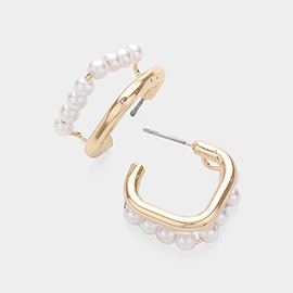 Pearl Paved Pointed Square Split Hoop Earrings