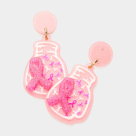 Glittered Pink Ribbon Glove Dangle Earrings