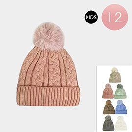 12PCS - Kids Pom Pom Cable Knit Winter Hat