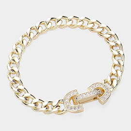 14K Gold Plated CZ Stone Paved Lock Pointed Chain Bracelet