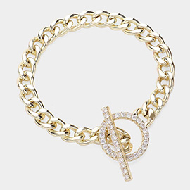 14K Gold Plated Chain CZ Stone Paved Toggle Bracelet