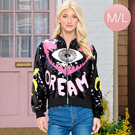 Dreams Screams Letter Multicolor Eye Sequin Zip Up Bomber Jacket