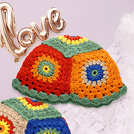 Flower Granny Square Pattern Handmade Crochet Knit Bucket Hat