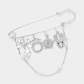 Stone Paved Pearl Pointed Bow Rudolph Snowflake Wreath Charm Safety Pin Brooch