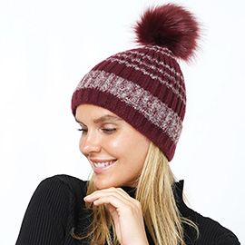 Ribbed Knit Pom Pom Beanie Hat