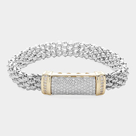 14K Gold Plated CZ Stone Paved Two Tone Bar Pointed Mesh Magnetic Bracelet