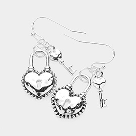 Antique Metal Heart Lock Key Dangle Earrings