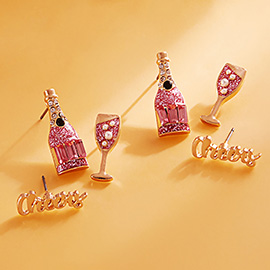 3Pairs - Cheers Message Champagne Glass Stud Earrings