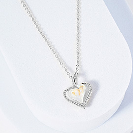 White Gold Dipped CZ Stone Paved Heart Stone Pedant Necklace