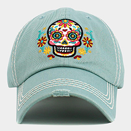 Sugar Skull Patch Accented Vintage Baseball Cap