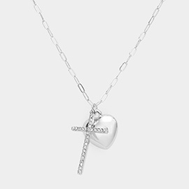 Stone Paved Cross Metal Heart Pendant Necklace