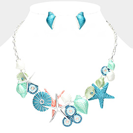 Colored Metal Shell Starfish Link Bib Necklace