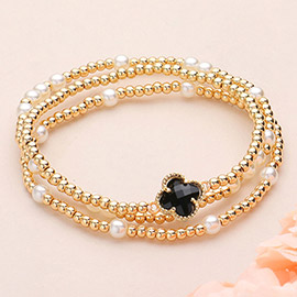 3PCS - Quatrefoil Pointed Pearl Metal Ball Beaded Stretch Multi Layered Bracelets