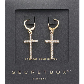 SECET BOX_14K Gold Dipped Stone Paved Cross Dangle Earrings