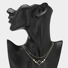 Open Quatrefoil Pearl Pendant Pointed Chain Layered Necklace