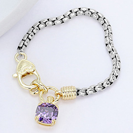 Cushion Cut CZ Stone Charm Pointed Two Tone Bracelet