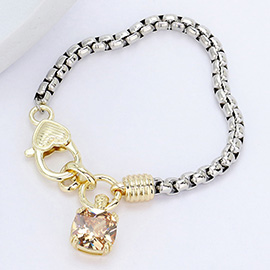 Cushion Cut CZ Stone Charm Pointed Two Tone Bracelet