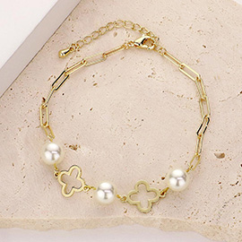 Pearl Pointed Open Quatrefoil Link Paperclip Chain Bracelet