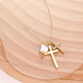 Metal Stone Paved Cross Ceramic Ball Pendant Necklace